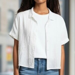 Monteau Los Angeles White Textured Short Sleeve Button Down Shirt Women's Size L